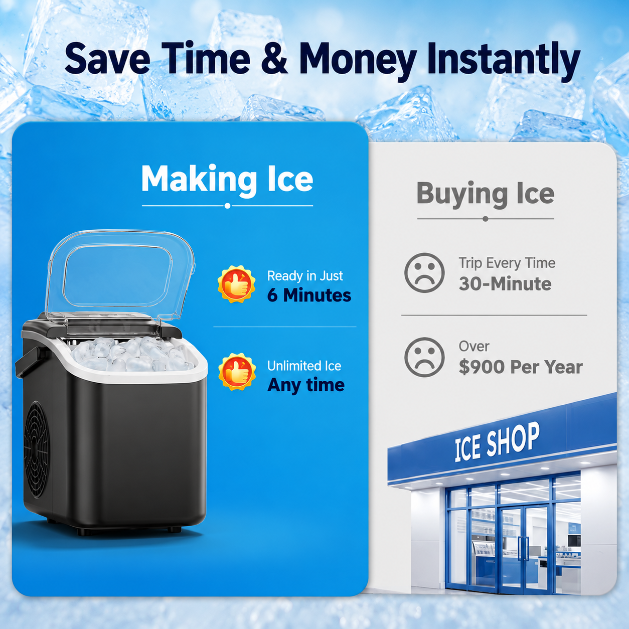 Countertop Ice Maker Machine with Handle, 26 lbs/24H, 8 Cubes in 6 Mins, Auto-Cleaning Portable Ice Maker Machine for Home RV