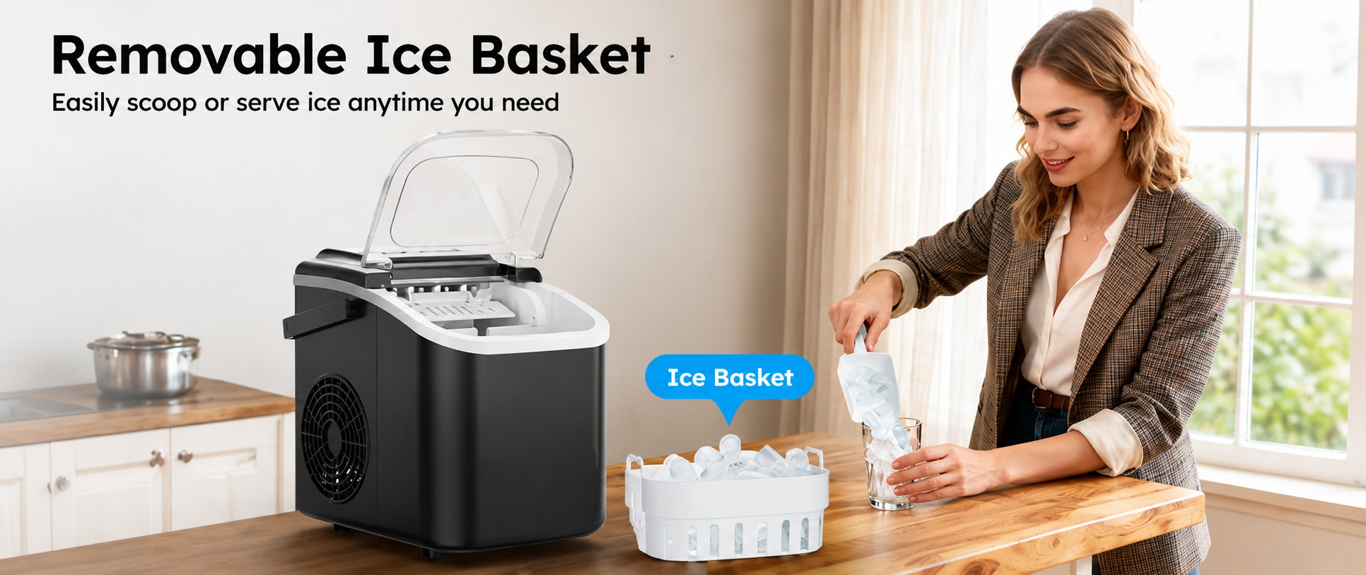 Countertop Ice Maker Machine with Handle, 26 lbs/24H, 8 Cubes in 6 Mins, Auto-Cleaning Portable Ice Maker Machine for Home RV