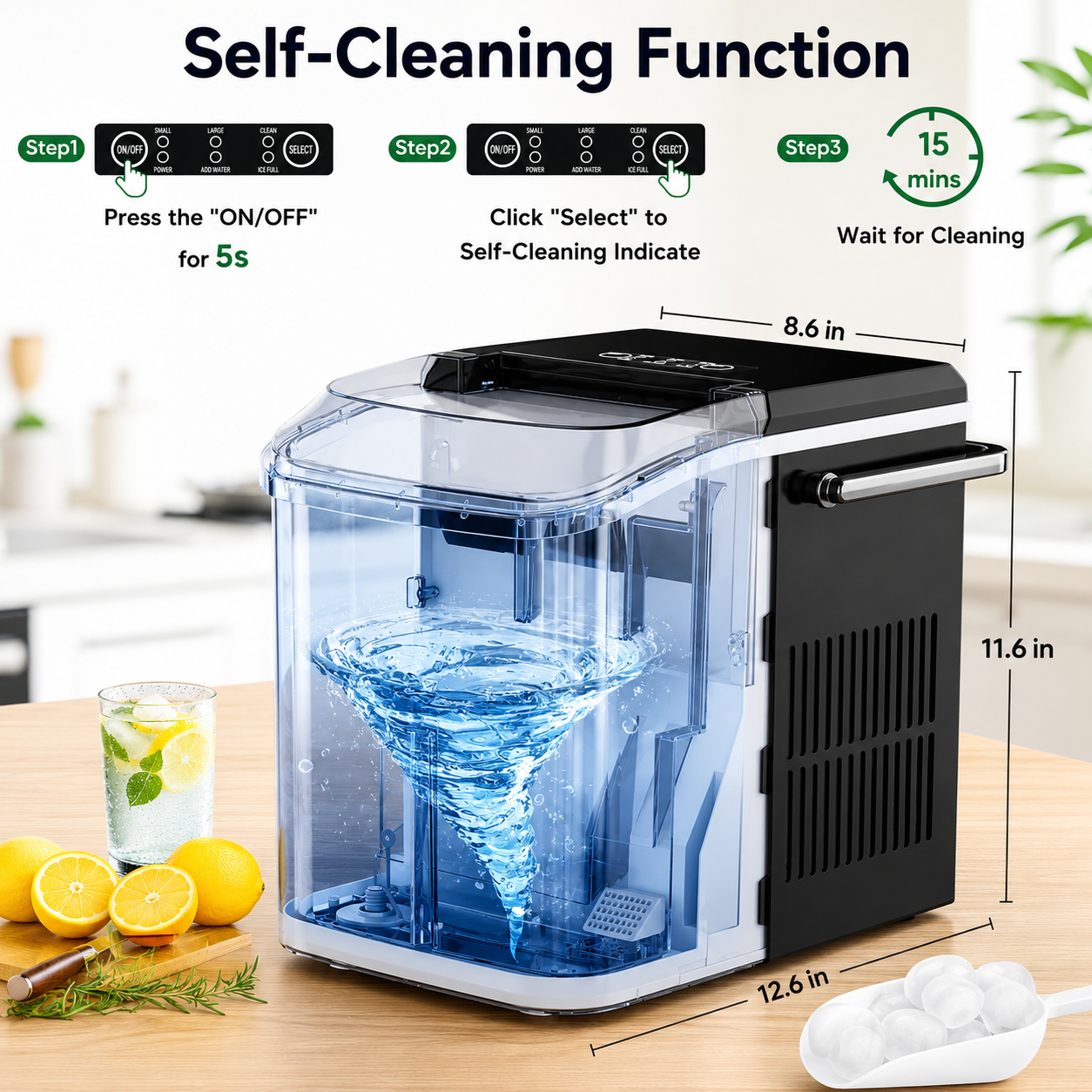Portable Countertop Ice Maker, 26lbs/24H, 9 Cubes in 6 Mins, Self-Cleaning, Quiet for Home Kitchen RV Camping, short title baniye deo