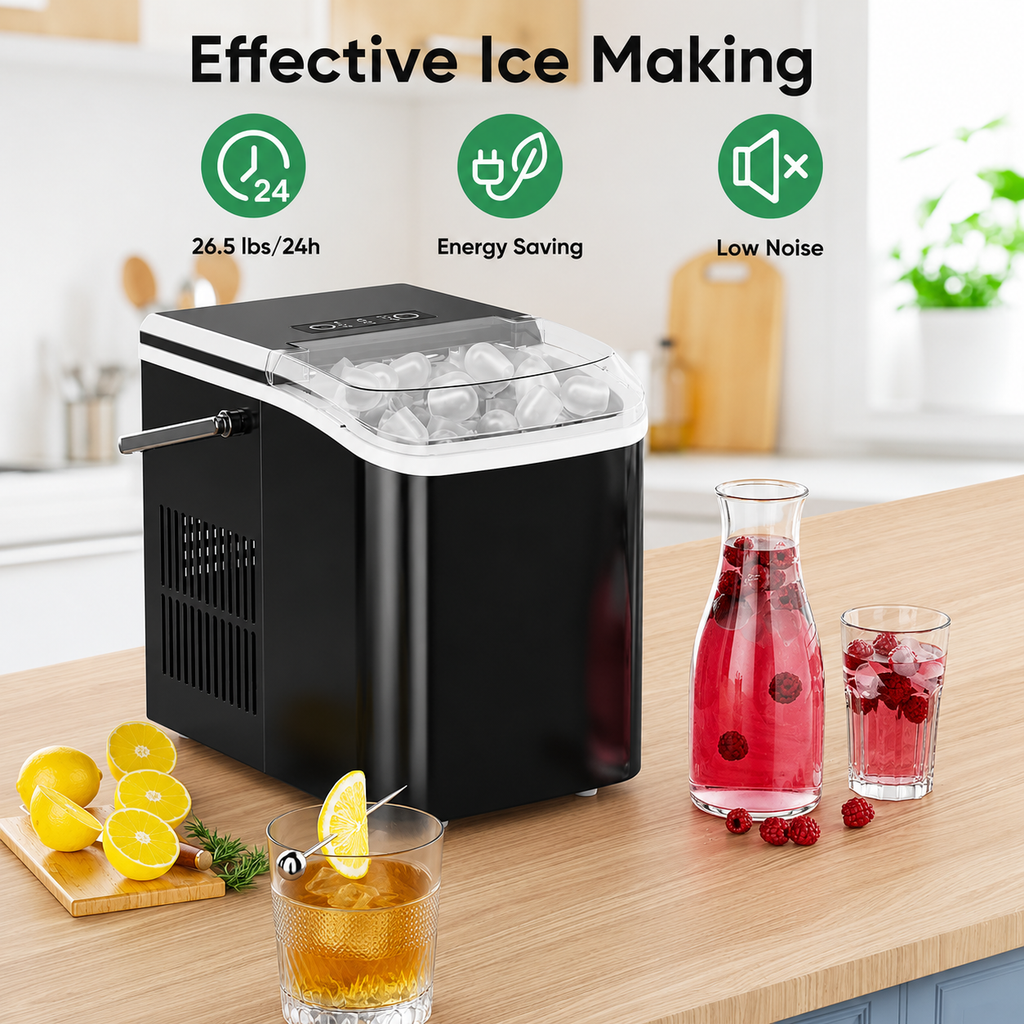 Portable Countertop Ice Maker, 26lbs/24H, 9 Cubes in 6 Mins, Self-Cleaning, Quiet for Home Kitchen RV Camping, short title baniye deo