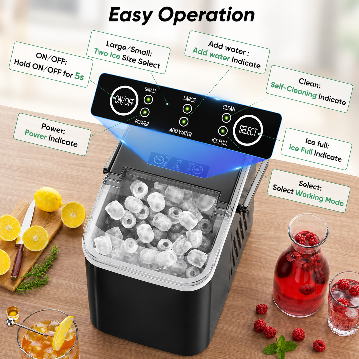 Portable Countertop Ice Maker, 26lbs/24H, 9 Cubes in 6 Mins, Self-Cleaning, Quiet for Home Kitchen RV Camping, short title baniye deo