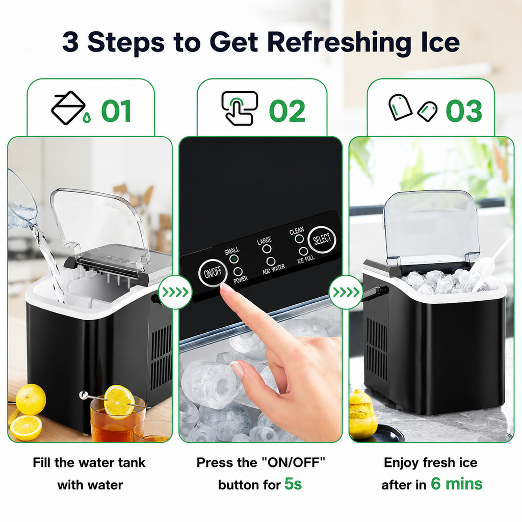 Portable Countertop Ice Maker, 26lbs/24H, 9 Cubes in 6 Mins, Self-Cleaning, Quiet for Home Kitchen RV Camping, short title baniye deo